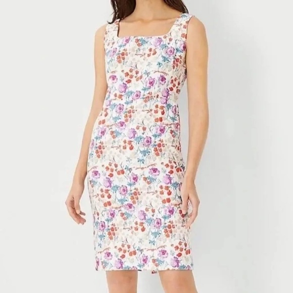 Ann Taylor Sheath Dress NWT Floral Red, Turquoise, Purple Flowers Lined Cotton - Picture 9 of 11